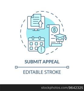 2D editable submit appeal blue thin line icon concept, isolated vector, illustration representing athletic scholarship.. 2D customizable submit appeal line icon concept
