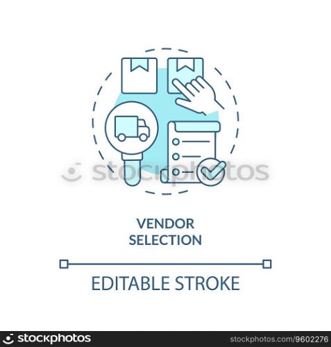 2D editable vendor selection thin line icon concept, isolated vector, blue illustration representing vendor management.. 2D customizable vendor selection blue icon concept