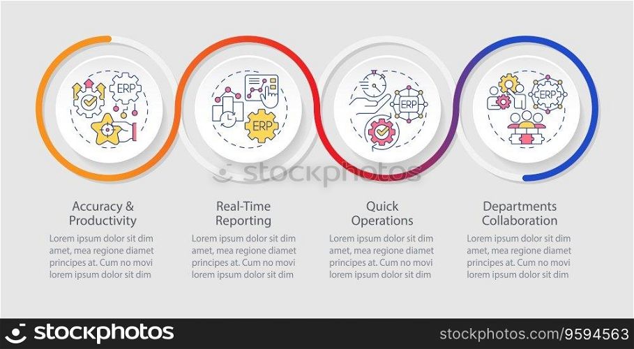 2D enterprise resource planning vector colorful infographics template, data visualization with 4 steps, process timeline chart.. 2D ERP layout with linear icons