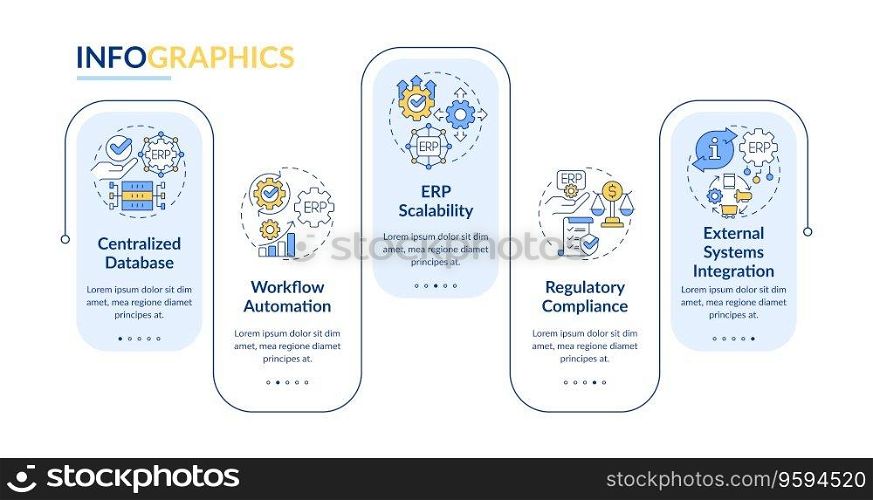 2D enterprise resource planning vector infographics template, data visualization with 5 steps, process timeline chart.. 2D ERP layout with multicolor line icons