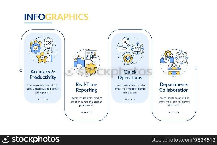 2D enterprise resource planning vector multicolor infographics template, data visualization with 4 steps, process timeline chart.. 2D ERP layout with linear icons