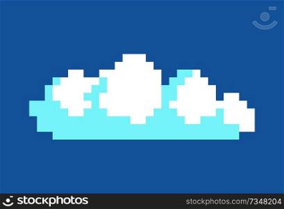 2D game interface in blue sky and fluffy squared white cloud vector illustration pixel art design isolated on blue background. White Cloud in Blue Sky Vector Illustration Pixel