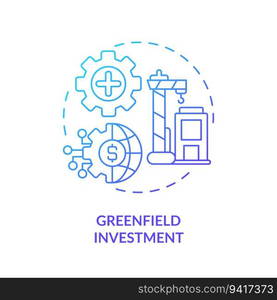 2D gradient greenfield investment icon, isolated vector, foreign direct investment thin line illustration.. Linear greenfield investment icon FDI concept