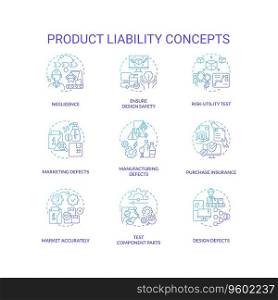 2D gradient icons set representing product liability concepts, isolated vector, thin line blue illustration.. Gradient icons representing product liability concepts