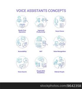 2D gradient icons set representing voice assistants concepts, isolated vector, thin line blue illustration.. Gradient icons representing voice assistants concepts