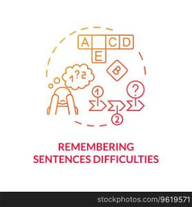 2D gradient red icon remembering sentence difficulties concept, simple isolated vector, dyslexia thin linear illustration. Gradient red icon remembering sentence difficulties concept