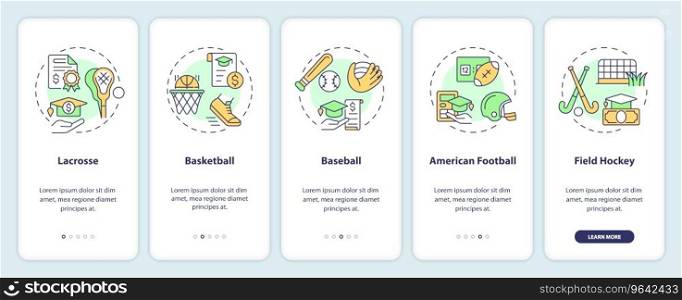 2D icons representing athletic scholarship mobile app screen set. Walkthrough 5 steps colorful graphic instructions with thin line icons concept, UI, UX, GUI template.. Walkthrough athletic scholarship with colorful icons concept