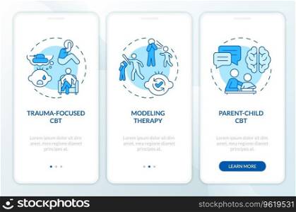 2D icons representing behavioral therapy mobile app screen set. Walkthrough 3 steps blue graphic instructions with line icons concept, UI, UX, GUI template.. Walkthrough behavioral therapy with line icons concept