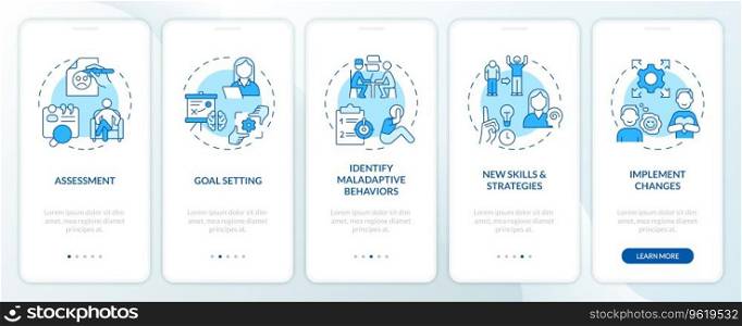 2D icons representing behavioral therapy mobile app screen set. Walkthrough 5 steps blue graphic instructions with thin line icons concept, UI, UX, GUI template.. Walkthrough behavioral therapy with linear icons concept