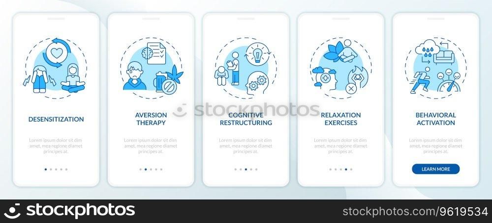 2D icons representing behavioral therapy mobile app screen set. Walkthrough 5 steps blue graphic instructions with thin line icons concept, UI, UX, GUI template.. Walkthrough behavioral therapy with blue icons concept