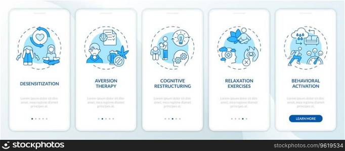 2D icons representing behavioral therapy mobile app screen set. Walkthrough 5 steps blue graphic instructions with thin line icons concept, UI, UX, GUI template.. Walkthrough behavioral therapy with blue icons concept