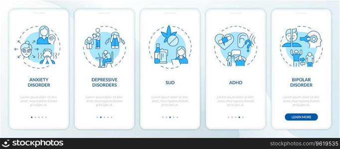 2D icons representing behavioral therapy mobile app screen set. Walkthrough 5 steps blue graphic instructions with linear icons concept, UI, UX, GUI template.. Walkthrough behavioral therapy with blue line icons