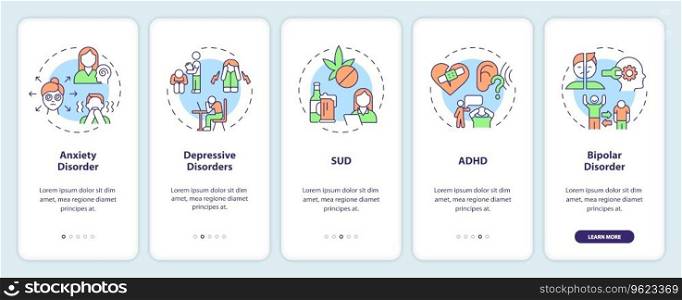 2D icons representing behavioral therapy mobile app screen set. Walkthrough 5 steps multicolor graphic instructions with linear icons concept, UI, UX, GUI template.. Walkthrough behavioral therapy with colorful line icons