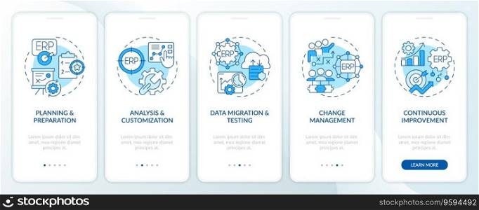 2D icons representing enterprise resource planning mobile app screen set. Walkthrough 5 steps graphic instructions with blue linear icons concept, UI, UX, GUI template.. Walkthrough ERP with thin line icons concept