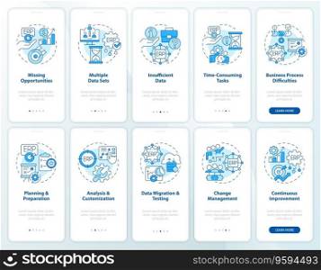 2D icons representing enterprise resource planning mobile app screen set. Walkthrough 5 steps graphic instructions with thin line icons concept, UI, UX, GUI template.. Walkthrough ERP with blue line icons concept