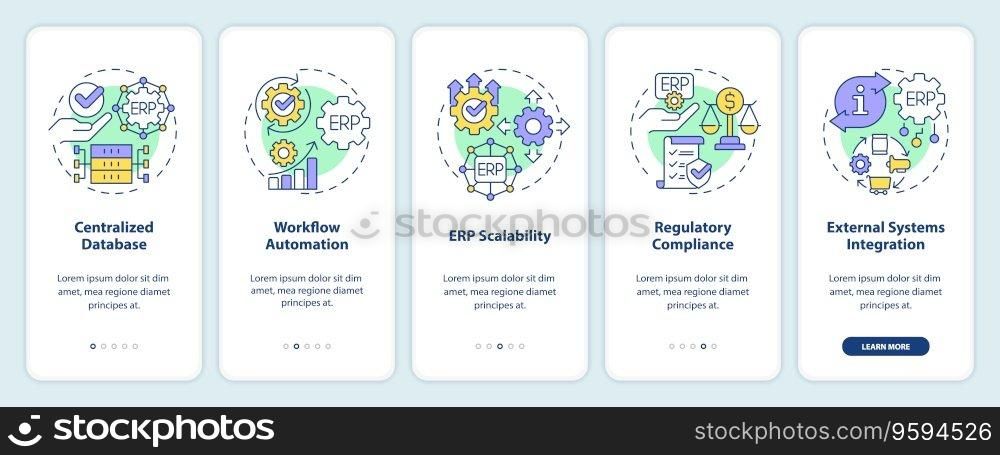 2D icons representing enterprise resource planning mobile app screen set. Walkthrough 5 steps graphic instructions with linear icons concept, UI, UX, GUI template.. Walkthrough ERP with linear icons concept