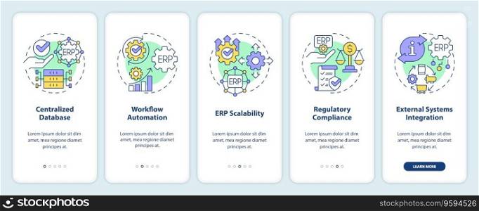 2D icons representing enterprise resource planning mobile app screen set. Walkthrough 5 steps graphic instructions with linear icons concept, UI, UX, GUI template.. Walkthrough ERP with linear icons concept