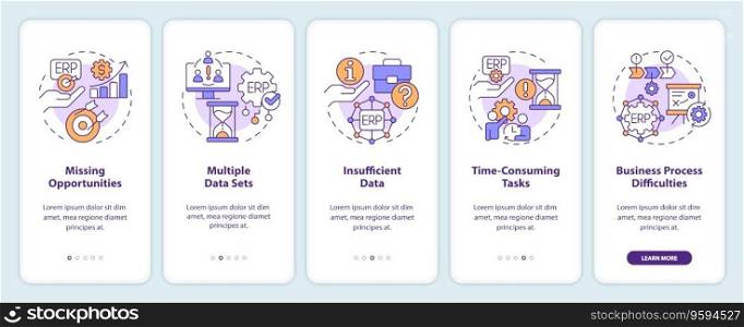 2D icons representing enterprise resource planning mobile app screen set. Walkthrough 5 steps colorful graphic instructions with thin line icons concept, UI, UX, GUI template.. Walkthrough ERP with multicolor linear icons concept