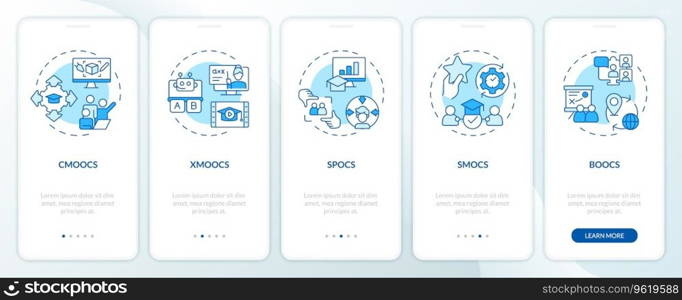 2D icons representing MOOC mobile app screen set. Walkthrough 5 steps blue graphic instructions with line icons concept, UI, UX, GUI template.. 2D walkthrough MOOC with blue linear icons