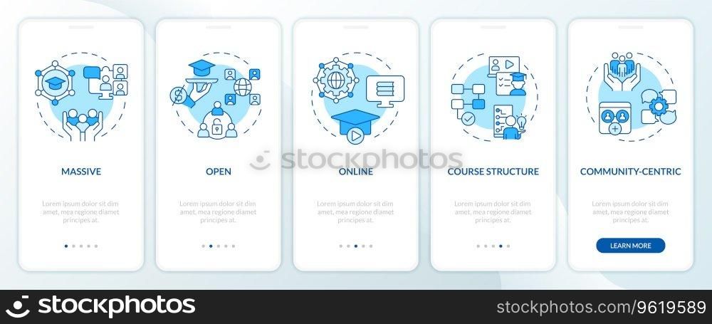 2D icons representing MOOC mobile app screen set. Walkthrough 5 steps blue graphic instructions with simple thin linear icons concept, UI, UX, GUI template.. 2D walkthrough MOOC with blue icons