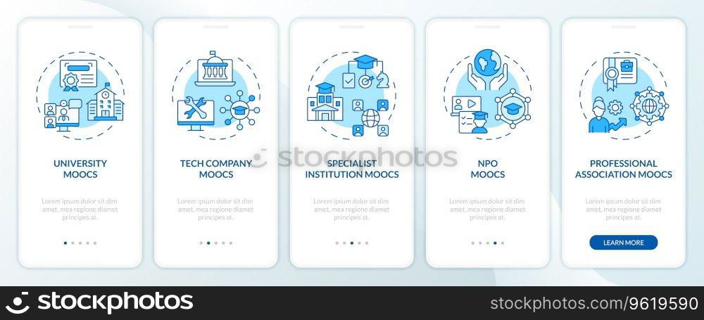 2D icons representing MOOC mobile app screen set. Walkthrough 5 steps blue graphic instructions with line icons concept, UI, UX, GUI template.. Walkthrough MOOC with blue icons concept