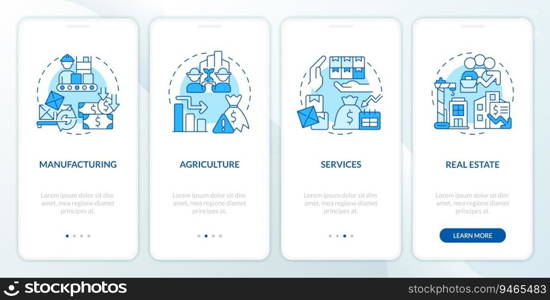 2D icons representing overproduction mobile app screen set. Walkthrough 4 steps graphic instructions with blue thin line icons concept, UI, UX, GUI template.. Walkthrough overproduction with blue line icons concept