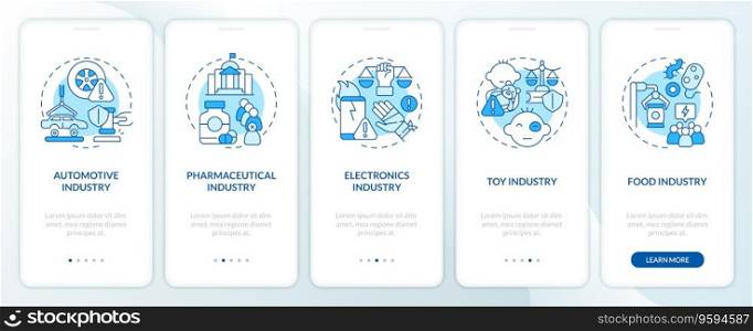2D icons representing product liability mobile app screen set. Walkthrough 5 steps blue graphic instructions with thin line icons concept, UI, UX, GUI template.. Walkthrough product liability with thin line icons concept