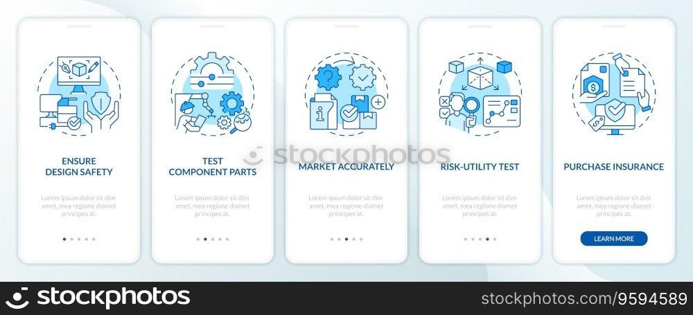 2D icons representing product liability mobile app screen set. Walkthrough 5 steps blue graphic instructions with thin line icons concept, UI, UX, GUI template.. Walkthrough product liability with blue linear icons concept