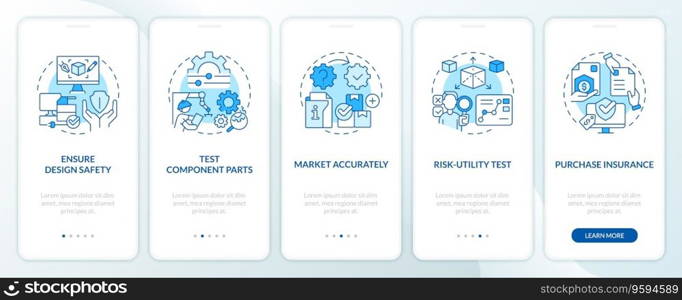 2D icons representing product liability mobile app screen set. Walkthrough 5 steps blue graphic instructions with thin line icons concept, UI, UX, GUI template.. Walkthrough product liability with blue linear icons concept