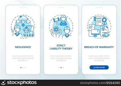 2D icons representing product liability mobile app screen set. Walkthrough 3 steps blue graphic instructions with linear icons concept, UI, UX, GUI template.. Walkthrough product liability with thin line icons concept