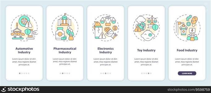 2D icons representing product liability mobile app screen set. Walkthrough 5 steps multicolor graphic instructions with thin line icons concept, UI, UX, GUI template.. Walkthrough product liability with thin line icons concept