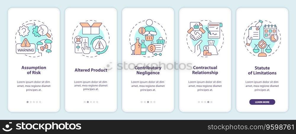 2D icons representing product liability mobile app screen set. Walkthrough 5 steps colorful graphic instructions with line icons concept, UI, UX, GUI template.. Walkthrough product liability with line icons concept