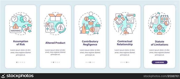 2D icons representing product liability mobile app screen set. Walkthrough 5 steps colorful graphic instructions with line icons concept, UI, UX, GUI template.. Walkthrough product liability with line icons concept