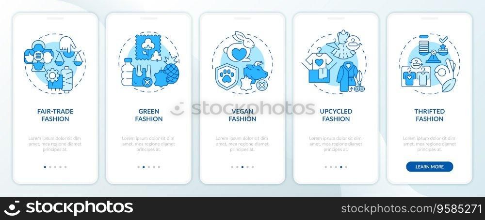 2D icons representing sustainable fashion mobile app screen set. Walkthrough 5 steps blue graphic instructions with linear icons concept, UI, UX, GUI template.. Walkthrough sustainable fashion with blue icons concept