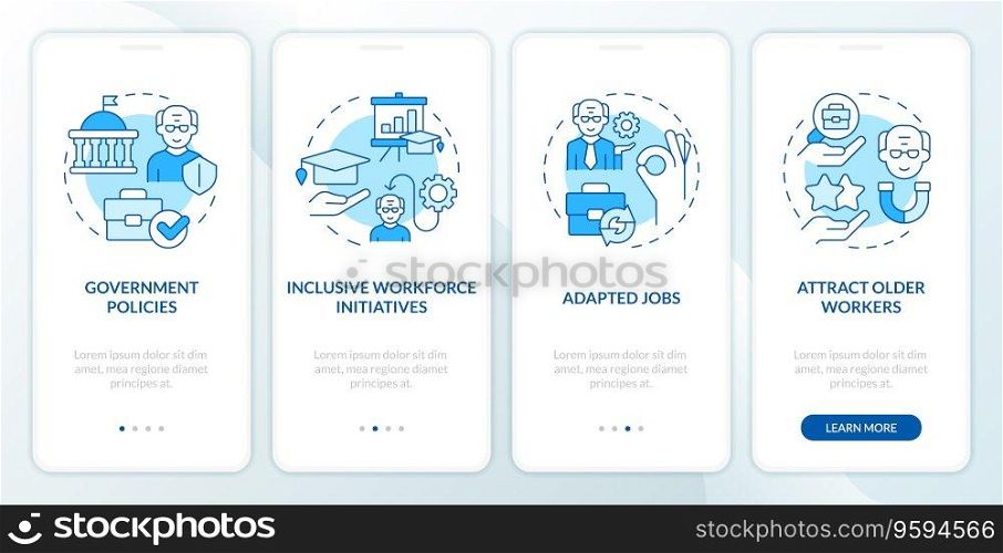 2D icons representing unretirement mobile app screen set. Walkthrough 4 steps blue graphic instructions with line icons concept, UI, UX, GUI template.. Walkthrough unretirement with blue line icons concept
