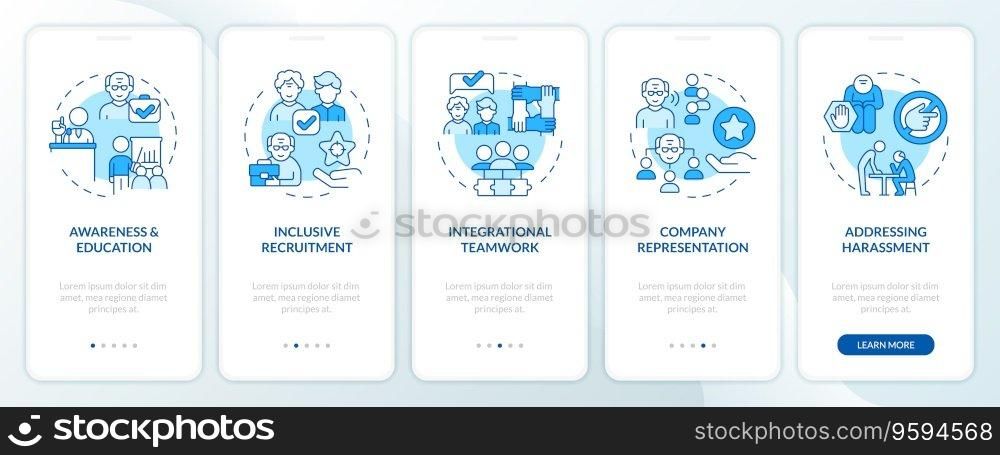 2D icons representing unretirement mobile app screen set. Walkthrough 5 steps blue graphic instructions with thin linear icons concept, UI, UX, GUI template.. Walkthrough unretirement with blue thin linear icons concept