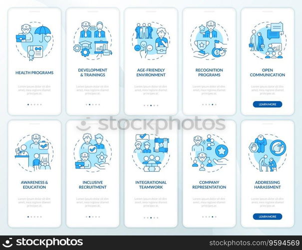 2D icons representing unretirement mobile app screen set. Walkthrough 5 steps blue graphic instructions with thin line icons concept, UI, UX, GUI template.. Walkthrough unretirement with linear icons concept