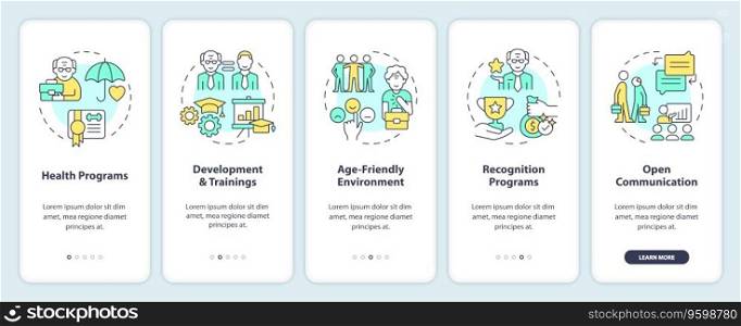 2D icons representing unretirement mobile app screen set. Walkthrough 5 steps multicolor graphic instructions with thin line icons concept, UI, UX, GUI template.. Walkthrough unretirement with linear icons concept