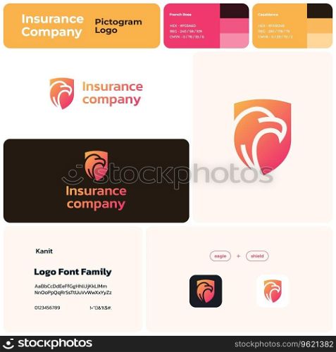2D insurance company gradient line unique logo with brand name. Eagle and shield icon. Design element. Visual identity. Template with kanit font. Suitable for insurance, risk management.. Insurance company branding with unique eagle and shield logo