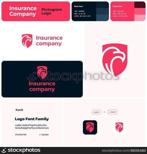 2D insurance company li≠ar busi≠ss logo with brand name. Eag≤and shield icon. Unique design e≤ment. Visual identity. Template with kanit font. Suitab≤for insurance, financial mana≥ment.. 2D insurance company brand with eag≤and shield logo
