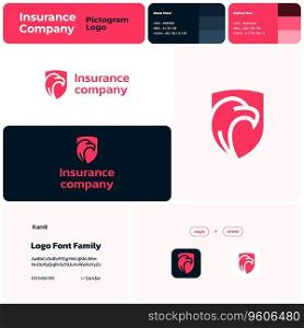 2D insurance company li≠ar busi≠ss logo with brand name. Eag≤and shield icon. Unique design e≤ment. Visual identity. Template with kanit font. Suitab≤for insurance, financial mana≥ment.. 2D insurance company brand with eag≤and shield logo