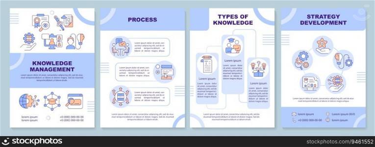 2D knowledge management brochure template, leaflet design with thin line icons, 4 vector layouts.. Brochure with knowledge management thin line icons