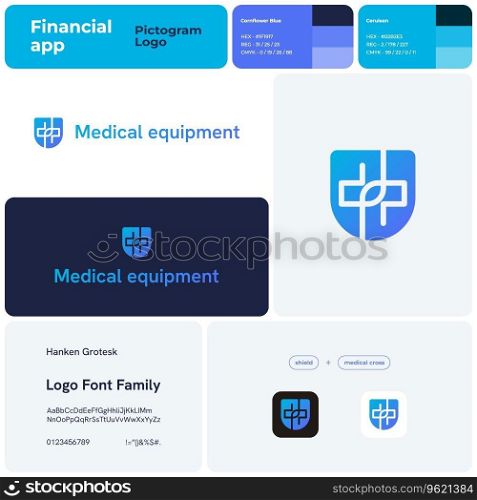 2D medical equipment business logo with brand name. Gradient shield and medical cross icon. Design element and visual identity. Editable template with hanken grotesk font. Suitable for medical lab. Medical equipment template shield and medical cross logo