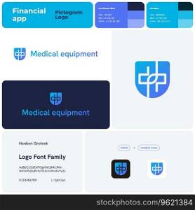 2D medical equipment business logo with brand name. Gradient shield and medical cross icon. Design element and visual identity. Editable template with hanken grotesk font. Suitable for medical lab. Medical equipment template shield and medical cross logo