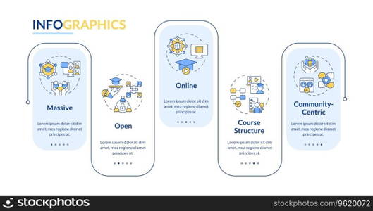 2D MOOC vector infographics template, data visualization with 5 steps, process timeline chart.. Multicolor MOOC layout with linear icons