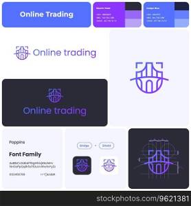 2D online trading gradient line business logo with brand name. Bridge and shield icon. Visual identity. Template with poppins font. Suitable for trading, stock market, investment, global economy.. Online trading brand template with bridge and shield logo