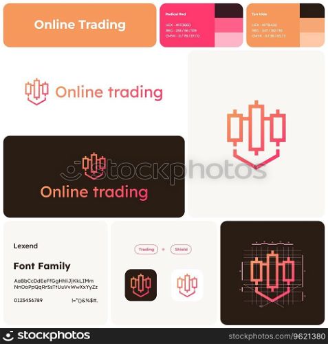 2D online trading gradient line business logo with brand name. Trading and shield icon. Visual identity. Template with lexend font. Suitable for trading, stock market, investment, global economy.. Online trading business template trading and shield logo