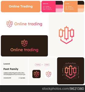 2D online trading gradient line business logo with brand name. Trading and shield icon. Visual identity. Template with lexend font. Suitable for trading, stock market, investment, global economy.. Online trading business template trading and shield logo