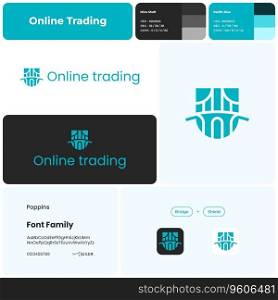 2D online trading linear business logo with brand name. Bridge and shield icon. Unique design element. Visual identity. Poppins font. Suitable for trading, stock market, investment, global economy.. 2D online trading brand template with bridge and shield logo