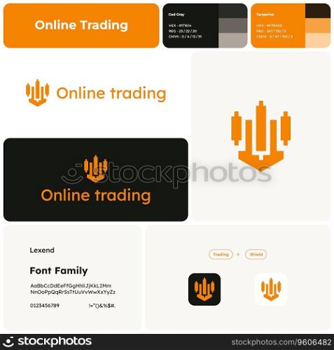 2D online trading linear business logo with brand name. Trading and shield icon. Unique design element. Visual identity. Lexend font. Suitable for trading, stock market, investment, global economy.. 2D online trading template with trading and shield logo